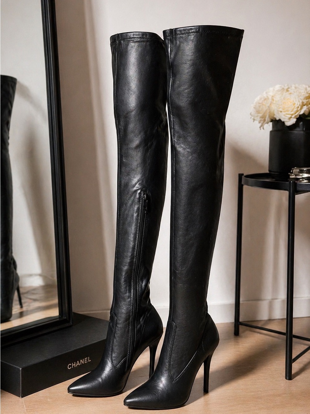 Pleaser Black Leather Over-the-Knee Pointed Stiletto Boots